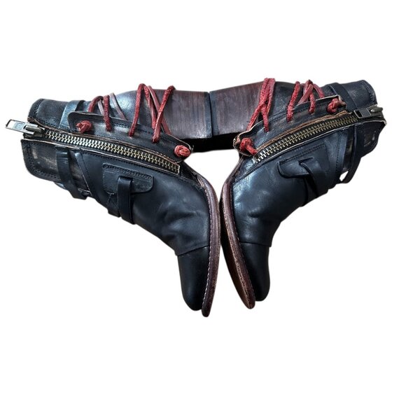 FreeBird Crue Leather Backlace Boots Women 8 Black Buckle Moto Western Rockstar - Picture 13 of 16